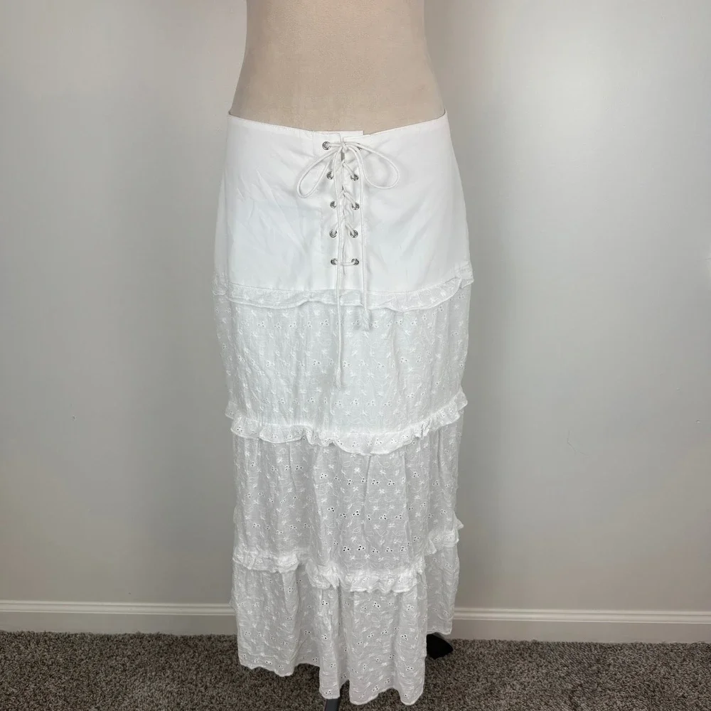 Over Kleshas White Eyelet Lace Up Tiered Boho Maxi Skirt Cottagecore Size Large